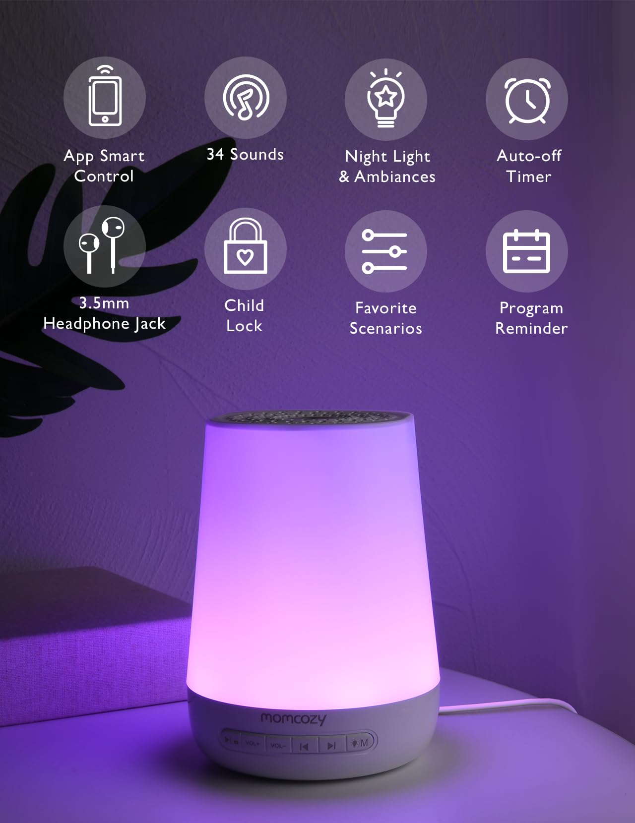 Baby Sound Machine, Momcozy White Noise Machine For Baby Sleeping With Night Light, Toddler Sleep Trainer With 34 Soothing Sound